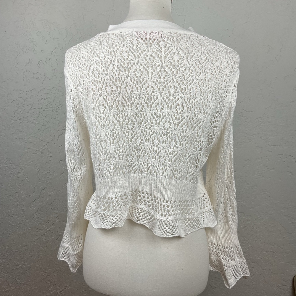 Sweet Kizz Lightweight Crochet Tie Front Cardigan Crop Top Ruffle Romantic - Picture 6 of 8